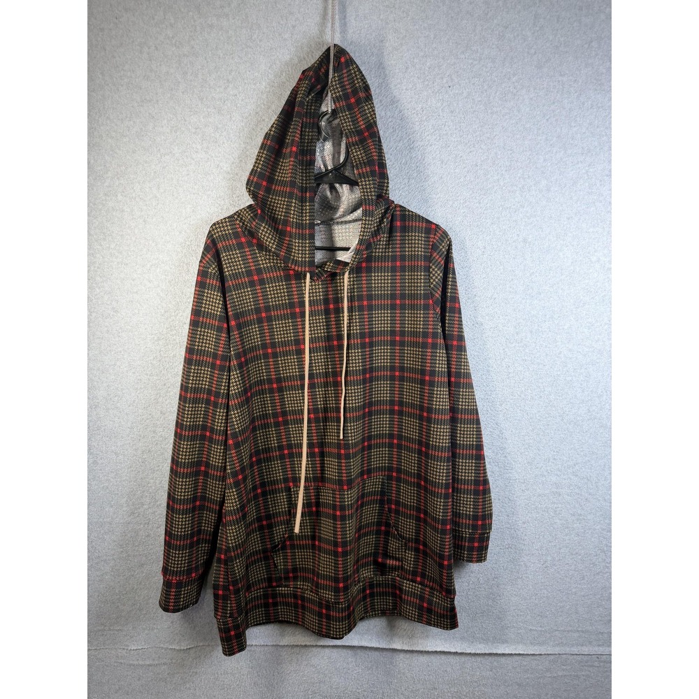BOMBOM Hoodie Womens XL Black Plaid Knit Pullover Sweatshirt Kangaroo Pocket